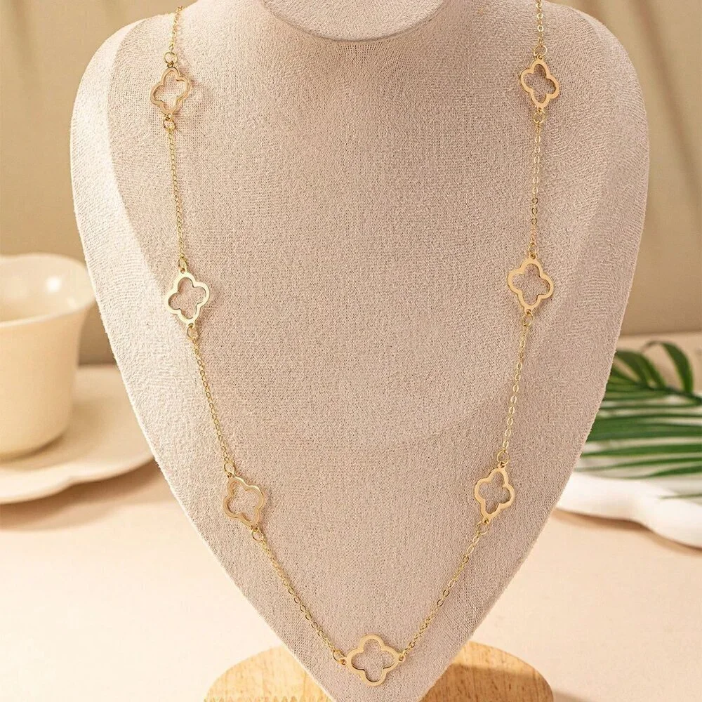 Yellow Gold Women's One Hollow Out Clover Pendant Long Chain Vintage Neclace